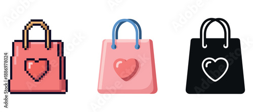 Pixel, vector, and silhouette shopping bags with heart designs