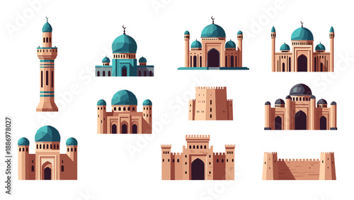 Collection of Islamic architectural elements including mosques, minarets, and fortresses