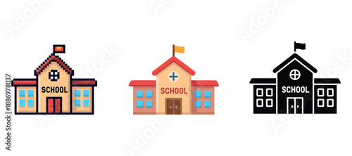 Three iconic school building designs with flags and signs on white background