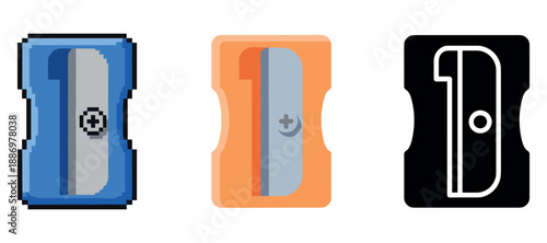 Set of three pencil sharpeners: pixelated, orange, silhouette