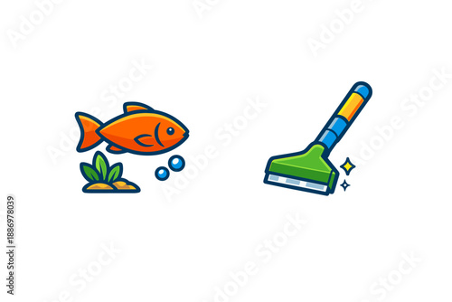 Bright orange fish swims in a tank while a green cleaning tool rests nearby, capturing the focus of activity in an aquarium setting