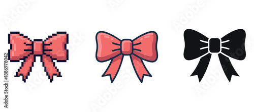 Set of three red bows: pixel art, classic, silhouette designs on white background
