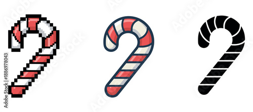 Three candy cane styles: pixel, cartoon, silhouette on white background