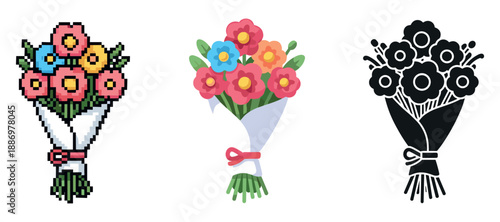 Pixelated, colored, and silhouette floral bouquets: three artistic styles
