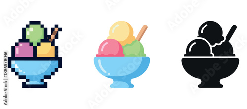 Pixelated, colored, silhouette ice cream bowls in different styles