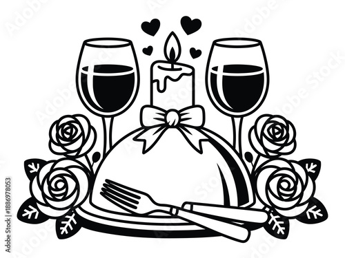 dinner scene, for two featuring wine glasses, roses, and a candle, perfect for anniversaries, Valentine’s Day, or special love-themed occasions and celebrations.