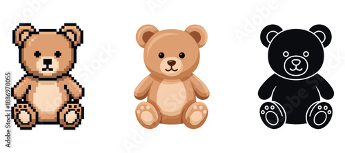 Pixelated and cartoon teddy bear illustrations: brown and black variations