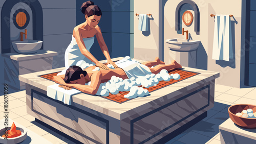 Spa relaxation in modern hammam bathhouse with massage and hot stone therapy