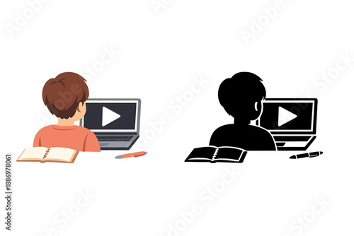 Kids learning from video on laptop while taking notes in notebook with pen during study session at home in afternoon