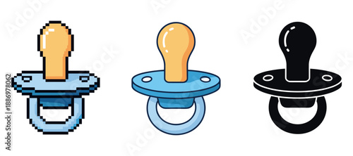 Pacifier trio: pixel art, cartoon, silhouette designs in blue and black