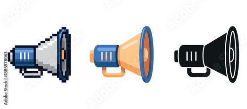 Pixel, modern, and silhouette megaphones in blue and black tones