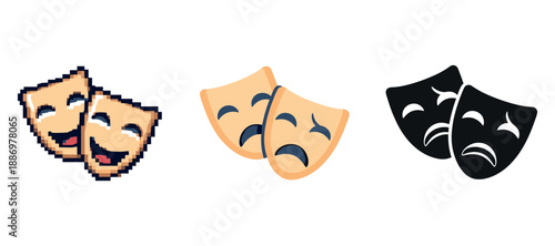 Comedy and tragedy masks: pixel art, flat design, and silhouette styles