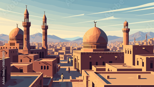 Stylized illustration of a Middle Eastern city with mosques and minarets under a vast sky
