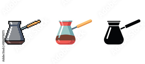 Set of three stylish coffee pots: pixel, modern, silhouette designs