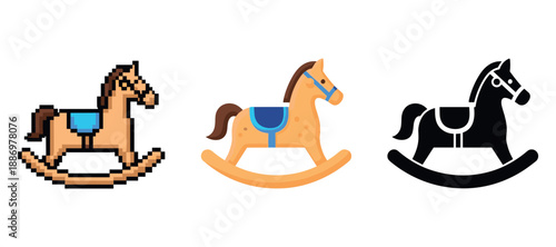 Set of rocking horse icons: pixel art, cartoon, silhouette styles