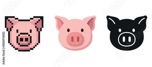 Pixelated, minimalist, and silhouette pig icons set on white background