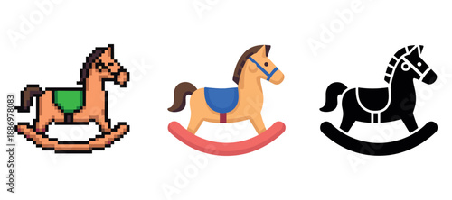 Variety of rocking horse designs: pixel art, flat design, silhouette