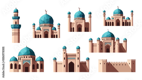 Colorful islamic architecture and mosque designs set with domes and towers