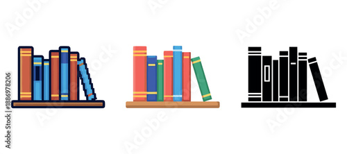 Colorful and monochrome book icons on shelves