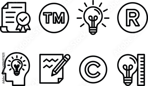 Collection of eight black and white outline icons for intellectual property and ideas copyright