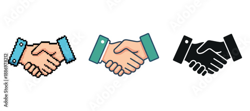 Pixelated, colored, and silhouette handshake icons on white background