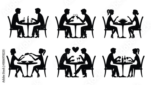 Romantic silhouettes, of couples dining and interacting at restaurants, depicting various date scenarios, love, intimacy, and cozy social moments in elegant or casual settings.