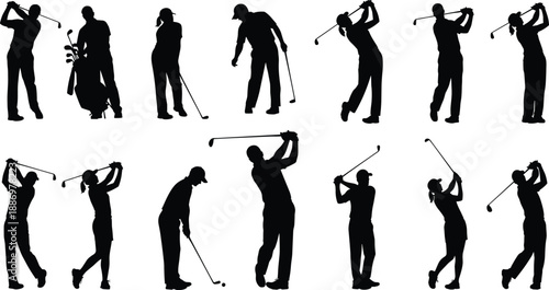 Golf player silhouette set showing swing action putting and driving poses isolated on white background for sports training competition illustration design collection use