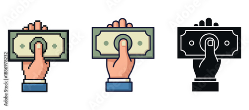 Diverse hand icons holding dollar bills in pixel, color, and silhouette styles