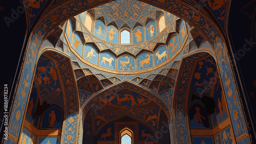 Intricate islamic geometric patterns and animal motifs in ornate ceiling design
