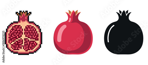 Pixelated and stylized pomegranate icons in colorful and monochrome styles
