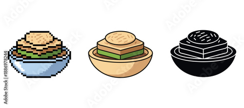 Stylized bowl of layered sushi in pixel art, minimalist, and monochrome styles