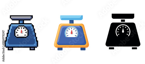 Pixel art, flat, and silhouette kitchen scales on white background