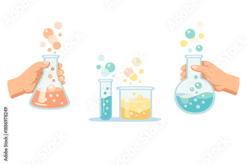 Hands hold glass containers with colored liquids and bubbles in a science lab setting during a laboratory experiment in a modern setup