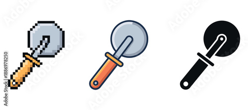 Pixel, flat, and glyph style pizza cutters on white background