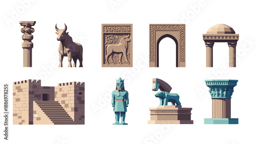 Collection of ancient architectural elements and sculptures in a flat design style