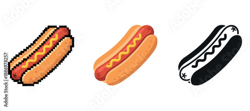 Pixel simplified and black hot dog icons in diverse styles