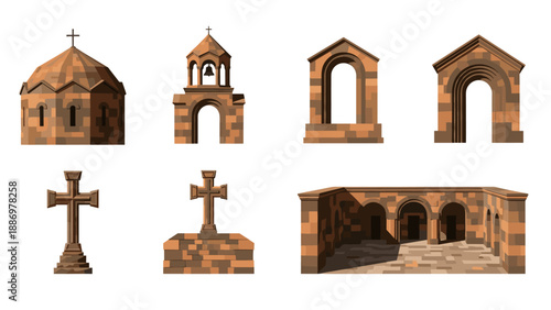 Historic architecture elements: medieval church structures and stone crosses