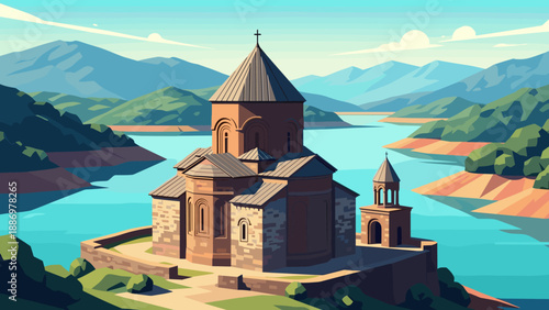 Scenic monastery in mountainous landscape with calm lake and blue skies