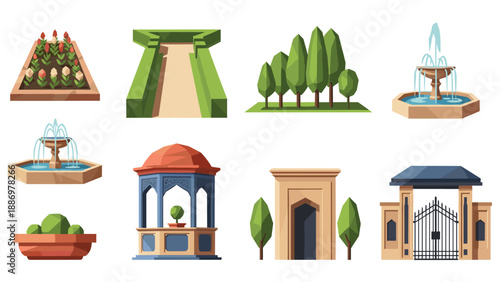 Colorful geometric garden elements with trees, fountains, and architectural structures