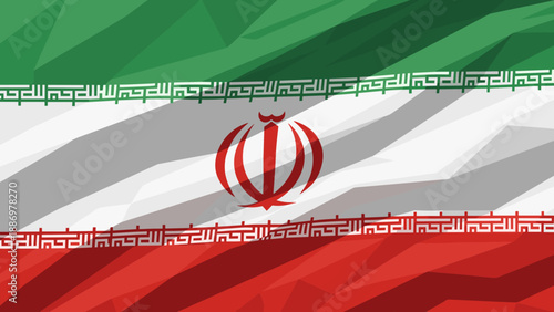Low poly iran flag design featuring national emblem with tri-color pattern
