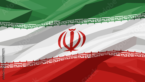 Abstract geometric Iranian flag with emblem and calligraphy in green, white, and red colors