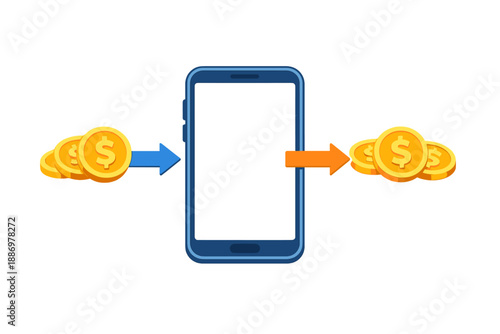 People transfer money using a smartphone with coins on both sides showing the flow of funds during a digital transaction