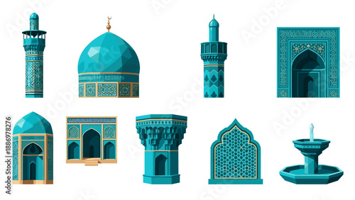 Islamic architecture 3d elements with geometric patterns and domes