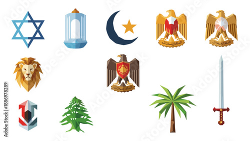 Collection of Middle Eastern national symbols and emblems in a flat design style