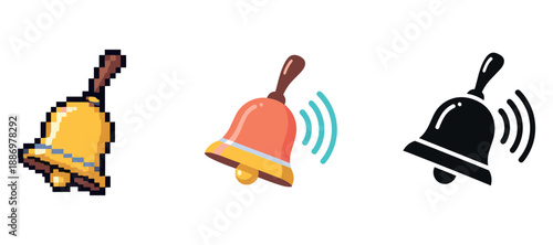 Pixelated, flat, and iconic ringing bells on white background