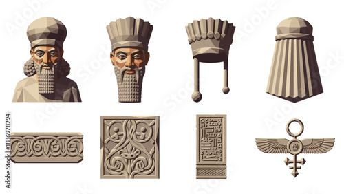 Ancient mesopotamian artifacts in detailed low poly design