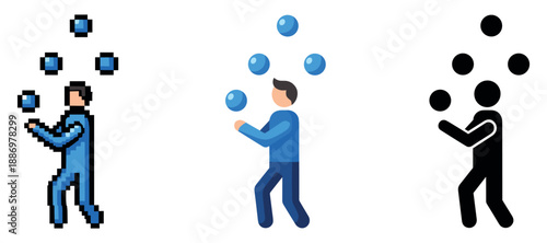 Pixelated, animated, and silhouette juggler variations with blue balls
