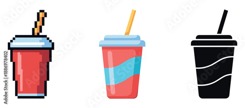 Pixel art, cartoon, and silhouette soda cup illustrations with straws