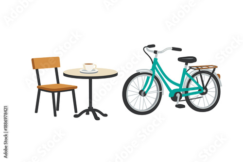 Bicycle parked near table and chair with cup of coffee at a casual outdoor setting during the day