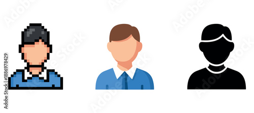Diverse male avatars in pixel, flat, and silhouette styles on white background
